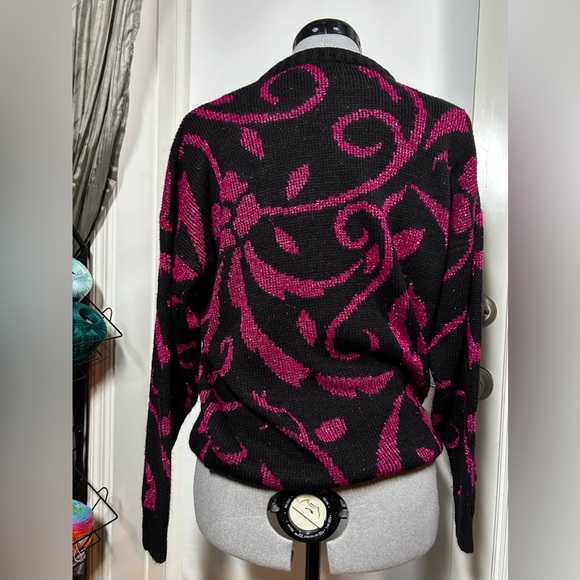 Vintage 80s Ann Hill Floral-Esc Pink and Black Shimmery Sweater - Picture 3 of 6